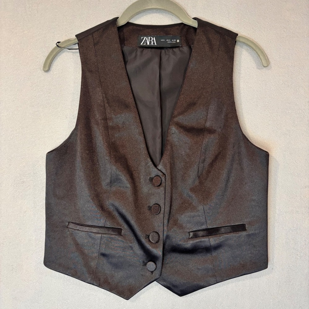 Zara Womens Satin Black Tailored Waistcoat Vest Small Shimmer Formal